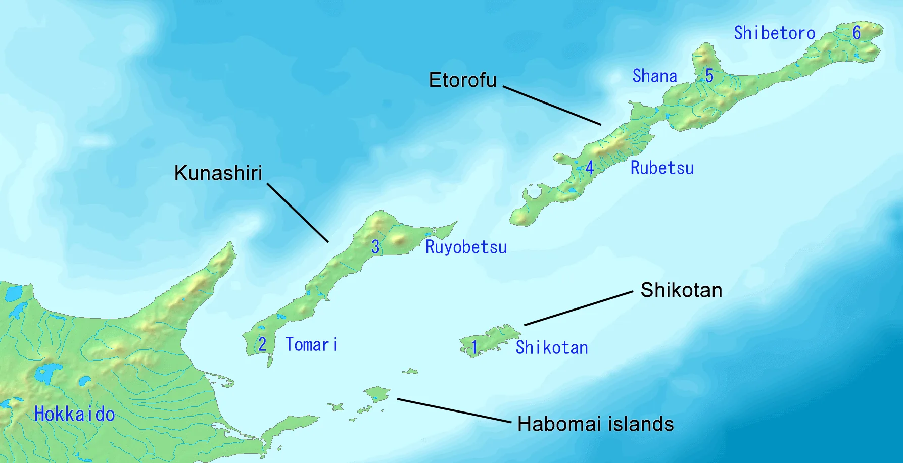 Map of Hokkaido and the four disputed islands to its northeast: Etorofu (Iturup), Kunashiri (Kunashir), Shikotan and the Habomai islands